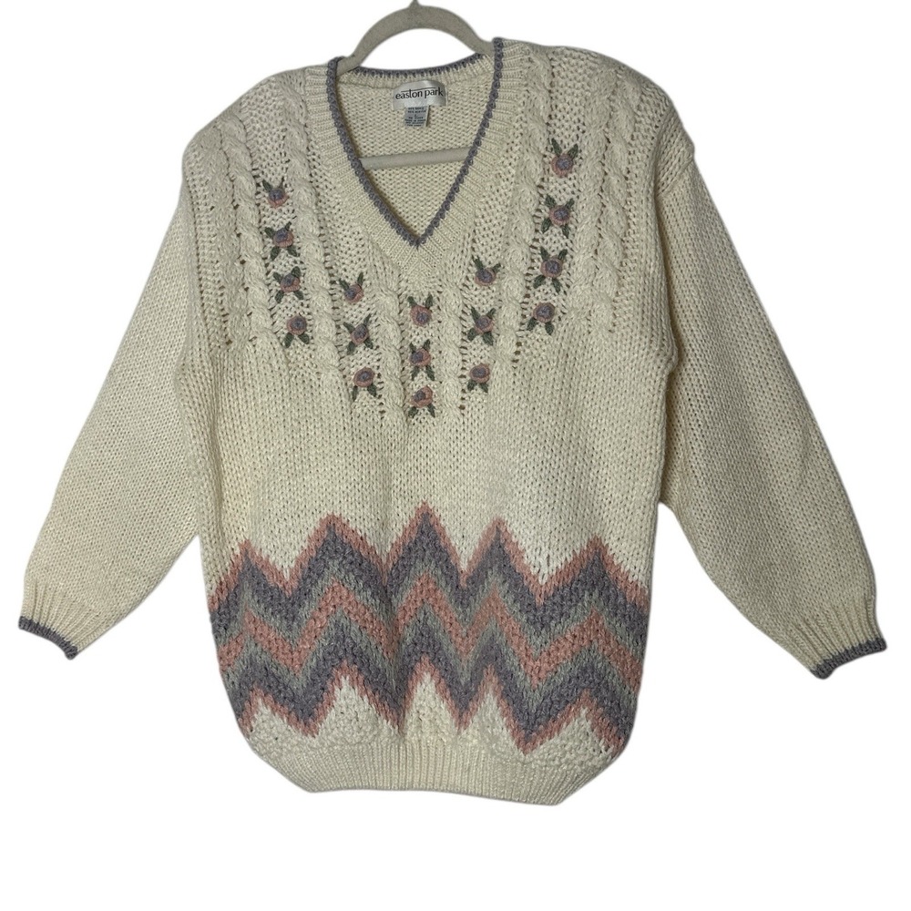 Easton Park Sweater Womens Large Embroidered Flowers Chunky Knit Cottagecore - Picture 1 of 7